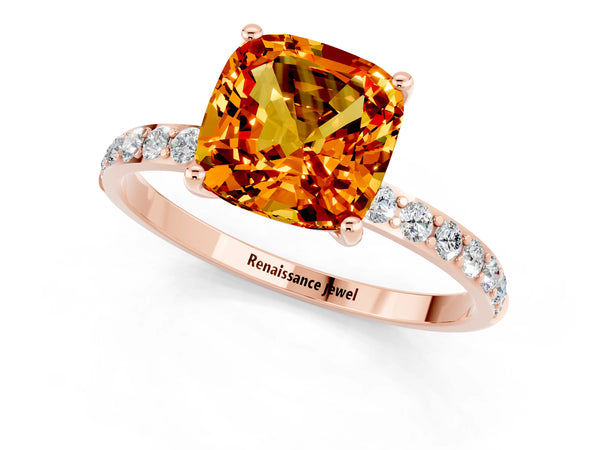 Rose gold Cushion Cut Citrine Solitaire Ring with Round Pavé Shoulders and Prong Setting