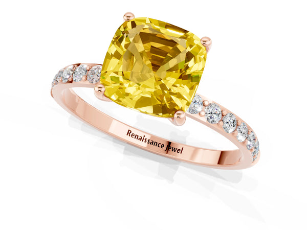 Rose gold Cushion Cut Yellow Sapphire Solitaire Ring with Round Pavé Shoulders and Prong Setting