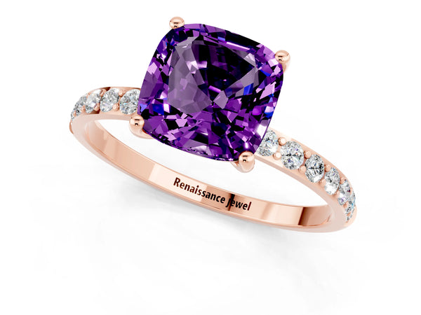 Rose gold Cushion Cut Amethyst Solitaire Ring with Round Pavé Shoulders and Prong Setting