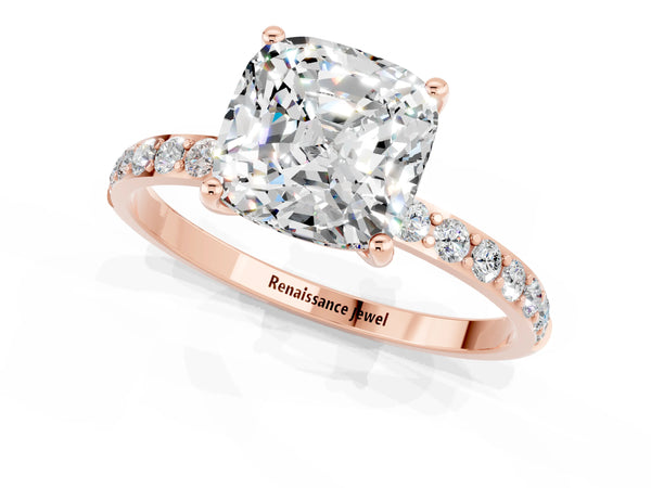 Rose gold Cushion Cut Moissanite Solitaire Ring with Round Pavé Shoulders and Prong Setting