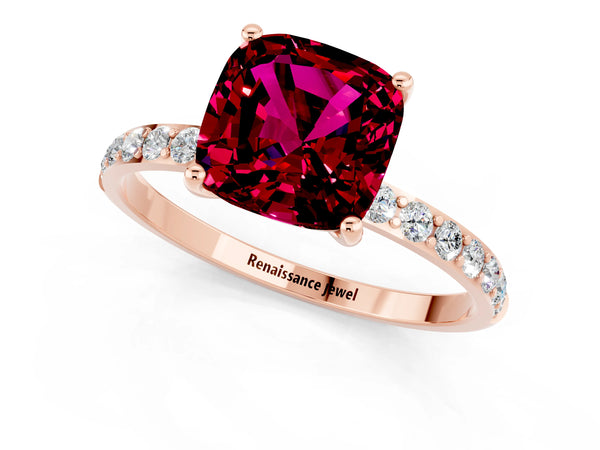 Rose gold Cushion Cut Garnet Solitaire Ring with Round Pavé Shoulders and Prong Setting