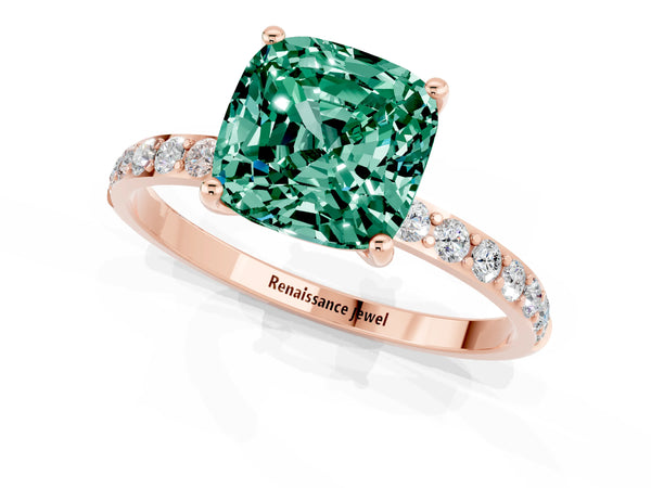Rose gold Cushion Cut Green Sapphire Solitaire Ring with Round Pavé Shoulders and Prong Setting