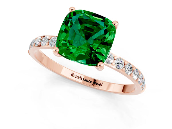 Rose gold Cushion Cut Emerald Solitaire Ring with Round Pavé Shoulders and Prong Setting