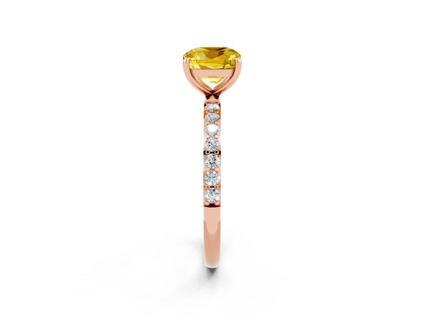 Rose gold Cushion Cut Yellow Sapphire Solitaire Ring with Round Pavé Shoulders and Prong Setting