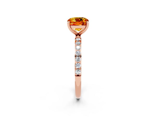 Rose gold Cushion Cut Citrine Solitaire Ring with Round Pavé Shoulders and Prong Setting