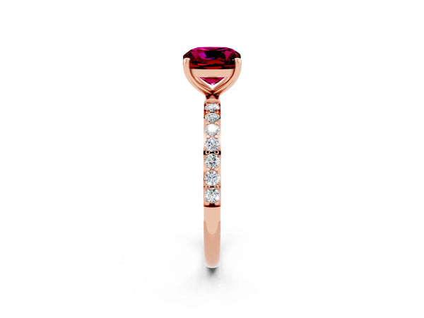 Rose gold Cushion Cut Garnet Solitaire Ring with Round Pavé Shoulders and Prong Setting