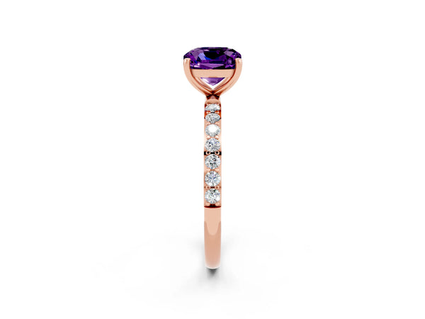 Rose gold Cushion Cut Amethyst Solitaire Ring with Round Pavé Shoulders and Prong Setting