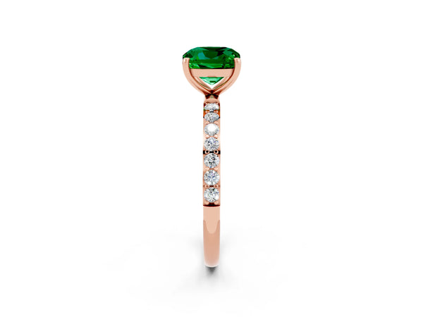 Rose gold Cushion Cut Emerald Solitaire Ring with Round Pavé Shoulders and Prong Setting