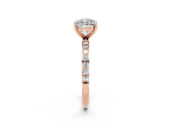 Rose gold Cushion Cut Moissanite Solitaire Ring with Round Pavé Shoulders and Prong Setting