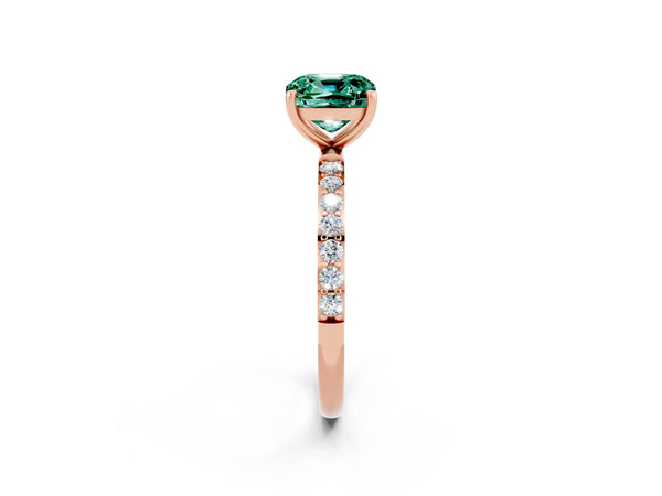 Rose gold Cushion Cut Green Sapphire Solitaire Ring with Round Pavé Shoulders and Prong Setting
