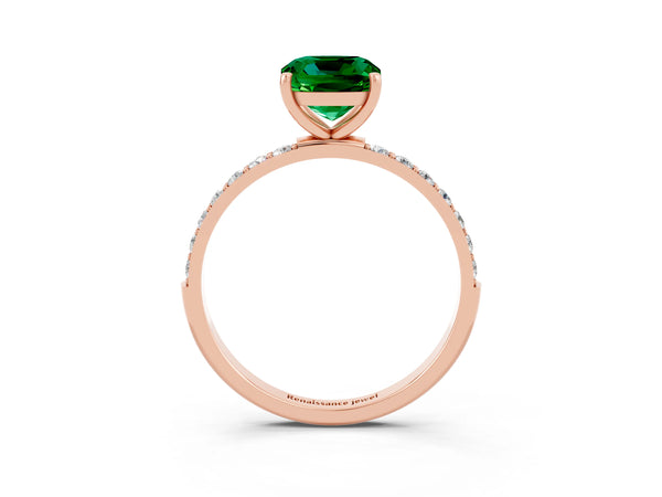 Rose gold Cushion Cut Emerald Solitaire Ring with Round Pavé Shoulders and Prong Setting