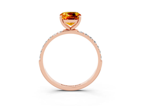 Rose gold Cushion Cut Citrine Solitaire Ring with Round Pavé Shoulders and Prong Setting