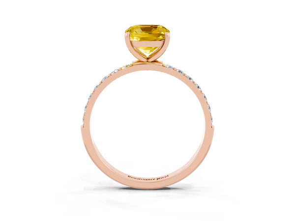 Rose gold Cushion Cut Yellow Sapphire Solitaire Ring with Round Pavé Shoulders and Prong Setting