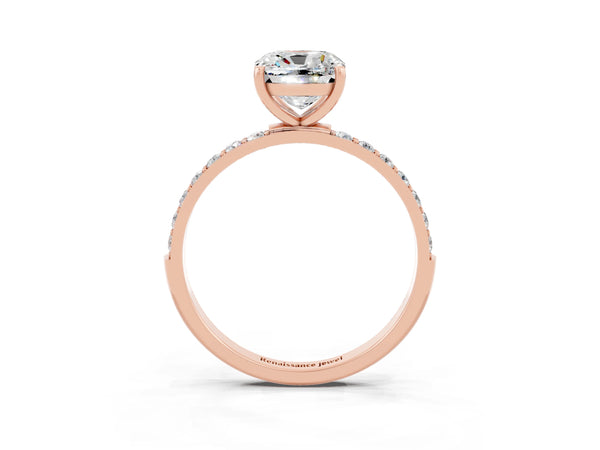 Rose gold Cushion Cut Moissanite Solitaire Ring with Round Pavé Shoulders and Prong Setting