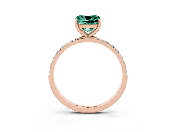 Rose gold Cushion Cut Green Sapphire Solitaire Ring with Round Pavé Shoulders and Prong Setting