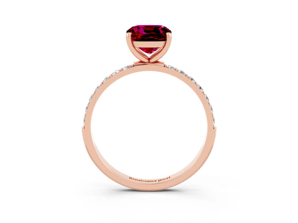 Rose gold Cushion Cut Garnet Solitaire Ring with Round Pavé Shoulders and Prong Setting