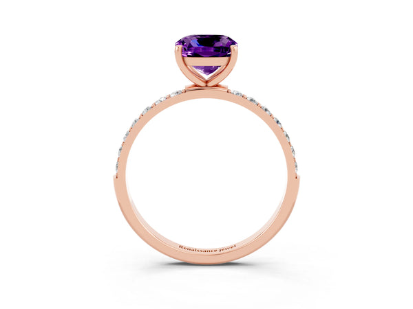 Rose gold Cushion Cut Amethyst Solitaire Ring with Round Pavé Shoulders and Prong Setting