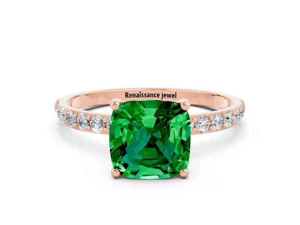 Rose gold Cushion Cut Emerald Solitaire Ring with Round Pavé Shoulders and Prong Setting
