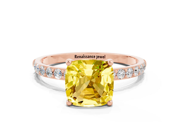Rose gold Cushion Cut Yellow Sapphire Solitaire Ring with Round Pavé Shoulders and Prong Setting