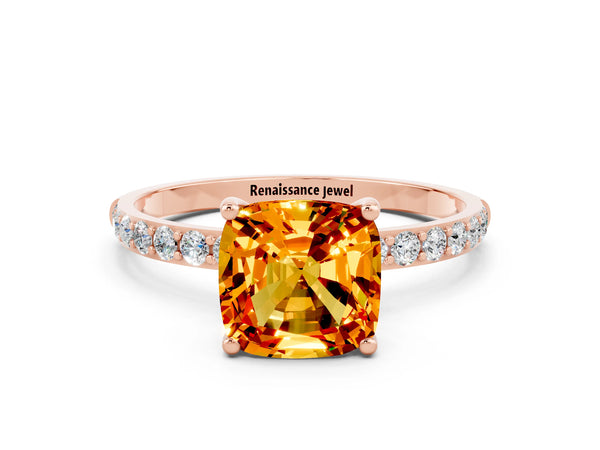 Rose gold Cushion Cut Citrine Solitaire Ring with Round Pavé Shoulders and Prong Setting