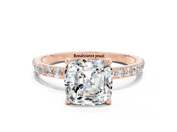 Rose gold Cushion Cut Moissanite Solitaire Ring with Round Pavé Shoulders and Prong Setting