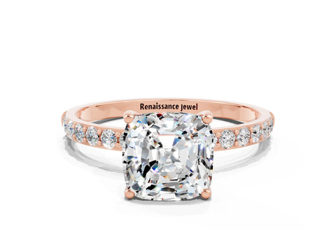 Rose gold Cushion Cut Diamond Pavé Band with Six-Prong Setting