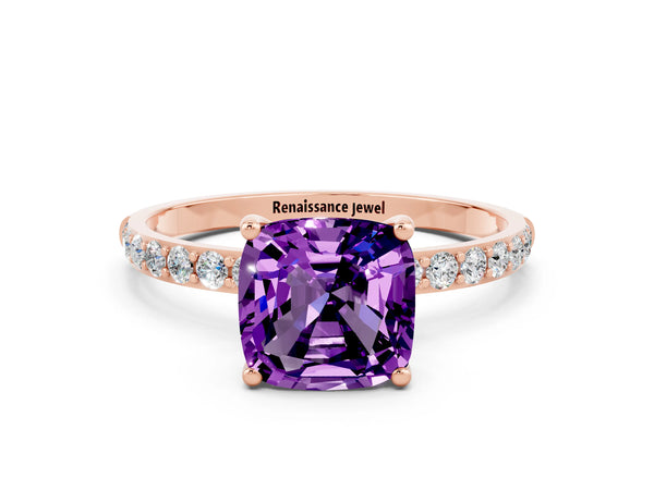 Rose gold Cushion Cut Amethyst Solitaire Ring with Round Pavé Shoulders and Prong Setting