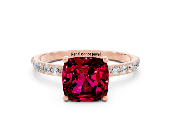 Rose gold Cushion Cut Garnet Solitaire Ring with Round Pavé Shoulders and Prong Setting