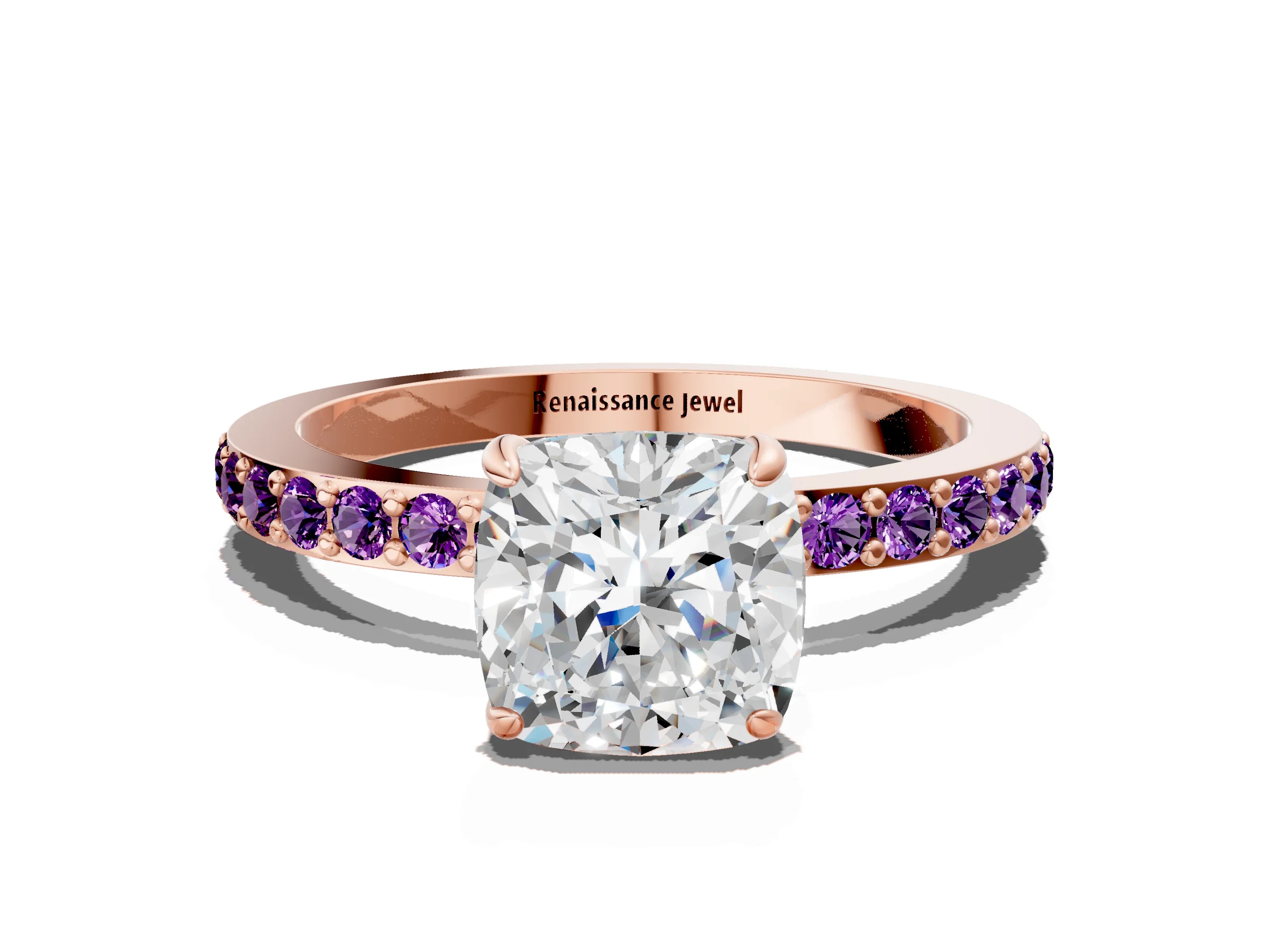 Rose gold Cushion Cut Diamond Pavé Engagement Ring with Round with Amethyst side stone Accents and Prong Setting