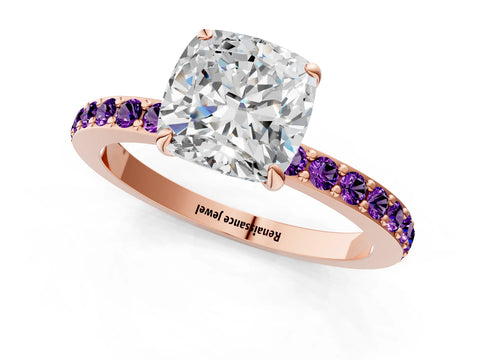 Rose gold Cushion Cut Diamond Pavé Engagement Ring with Round with Amethyst side stone Accents and Prong Setting_1