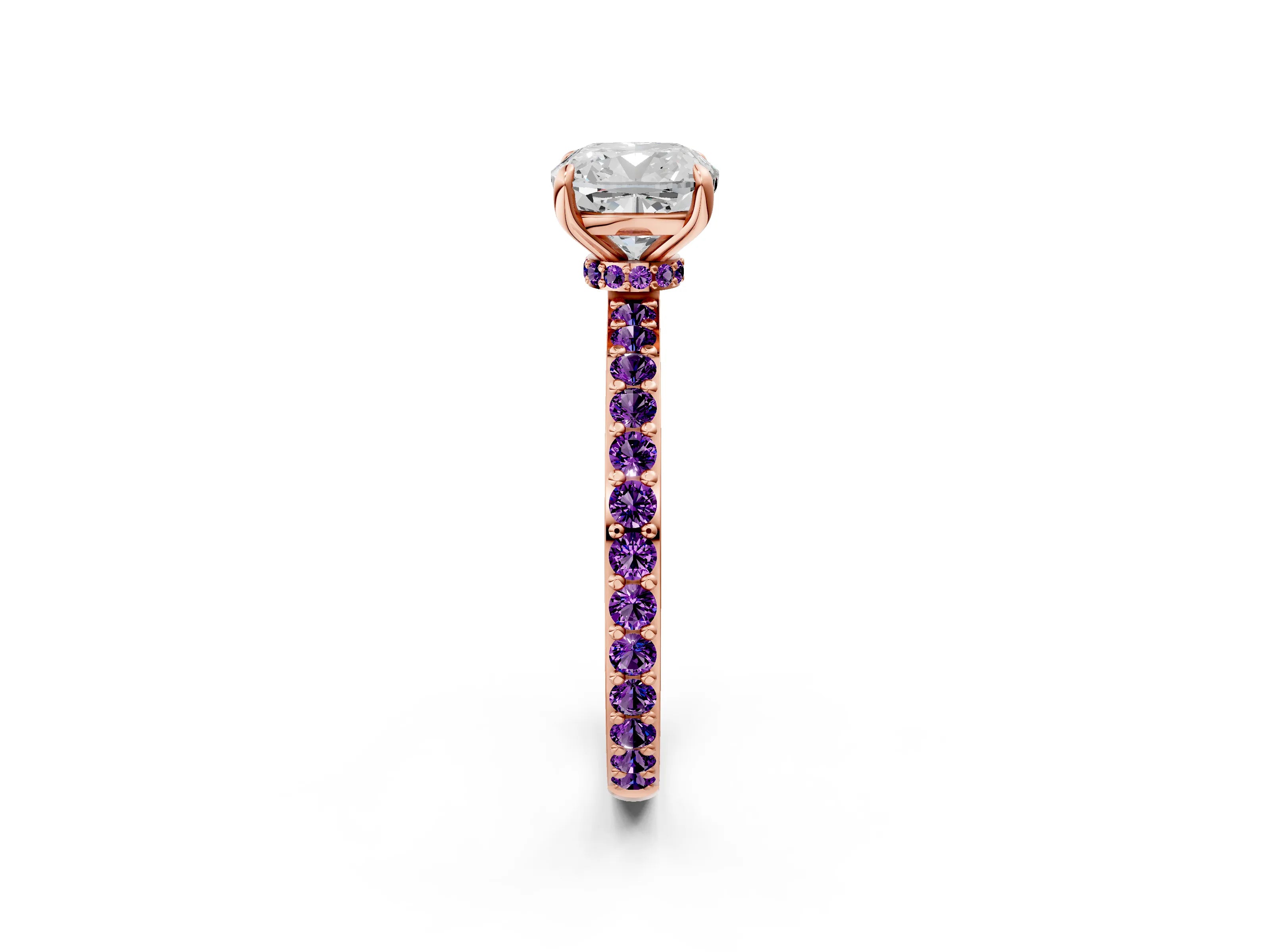 Rose gold Cushion Cut Diamond Pavé Engagement Ring with Round with Amethyst side stone Accents and Prong Setting_2