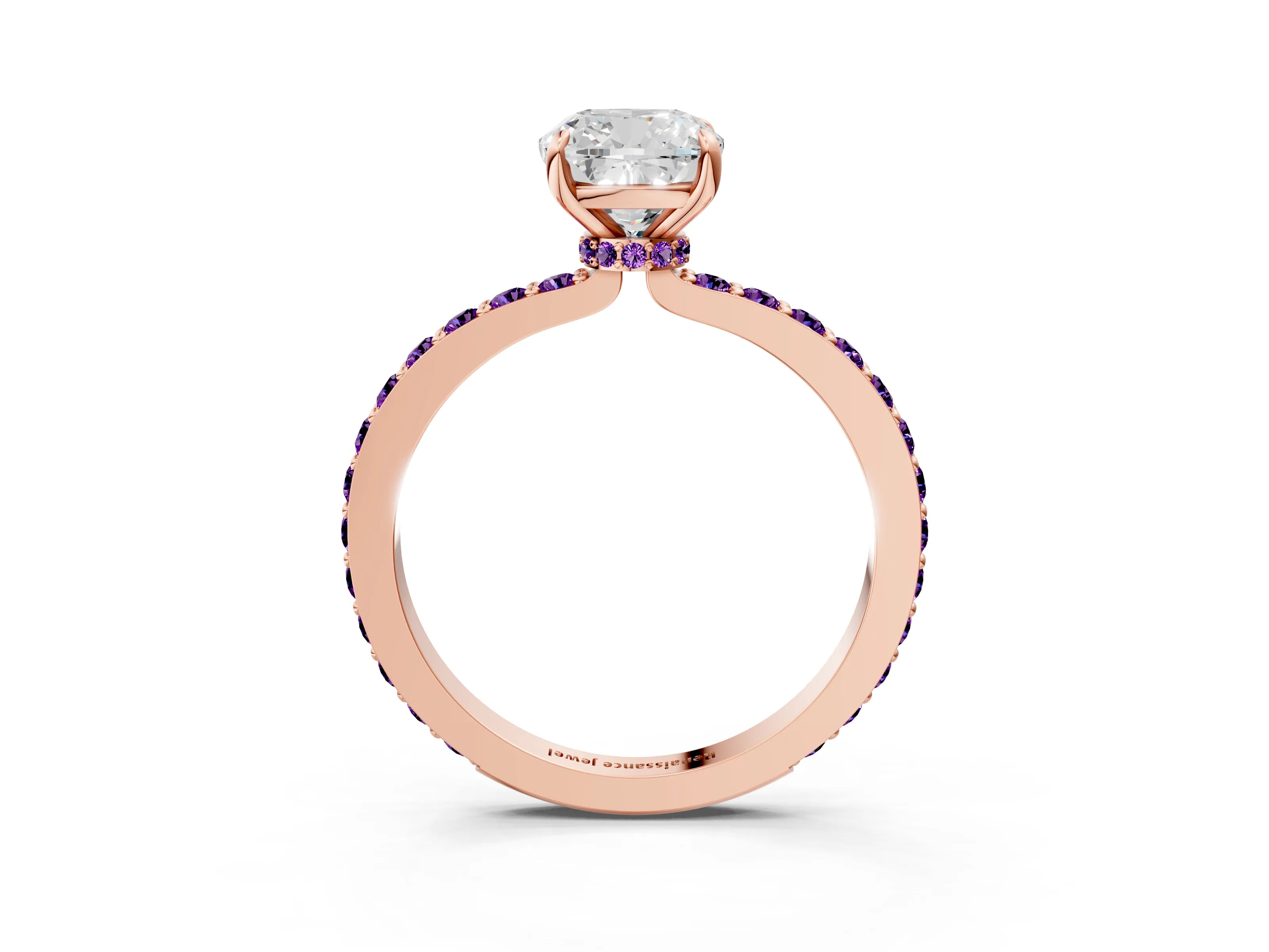 Rose gold Cushion Cut Diamond Pavé Engagement Ring with Round with Amethyst side stone Accents and Prong Setting_3