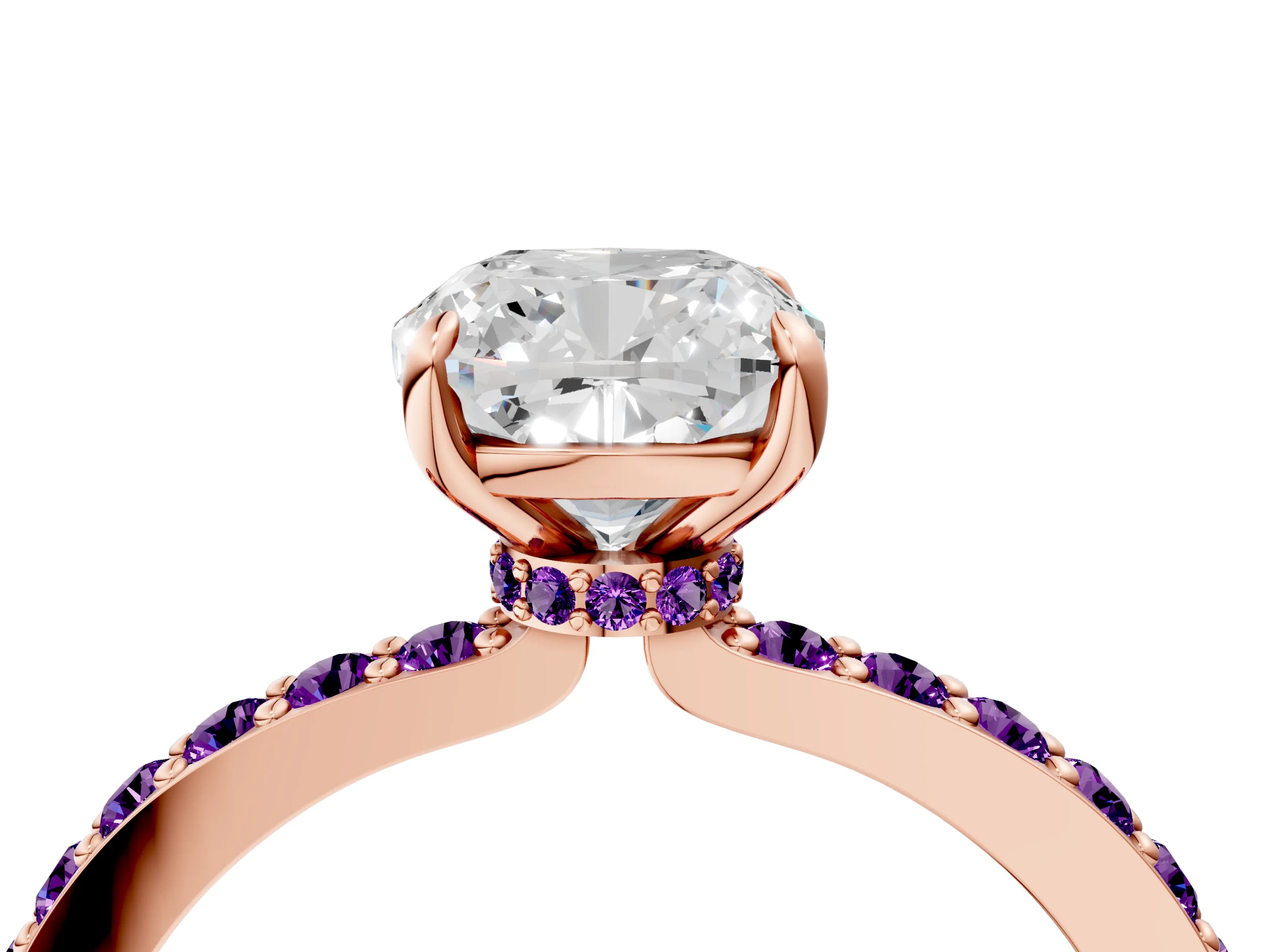 Rose gold Cushion Cut Diamond Pavé Engagement Ring with Round with Amethyst side stone Accents and Prong Setting_4