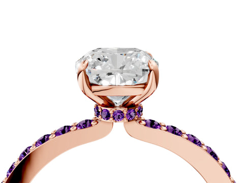 Rose gold Cushion Cut Diamond Pavé Engagement Ring with Round with Amethyst side stone Accents and Prong Setting_4
