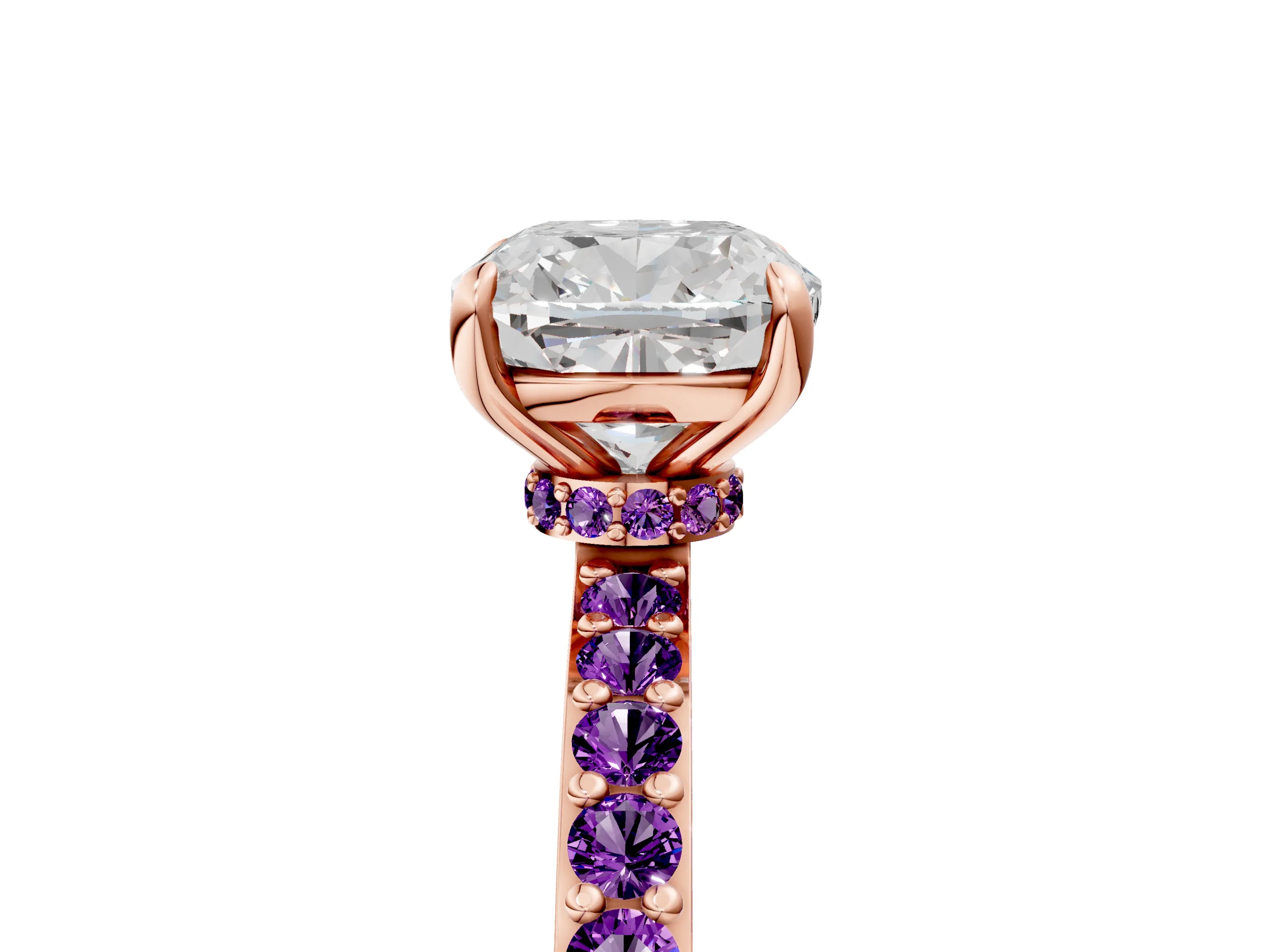 Rose gold Cushion Cut Diamond Pavé Engagement Ring with Round with Amethyst side stone Accents and Prong Setting_5