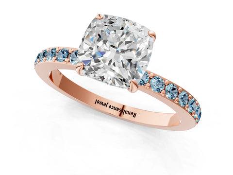 Rose gold Cushion Cut Diamond Pavé Engagement Ring with Round with Aquamarine side stone Accents and Prong Setting_1