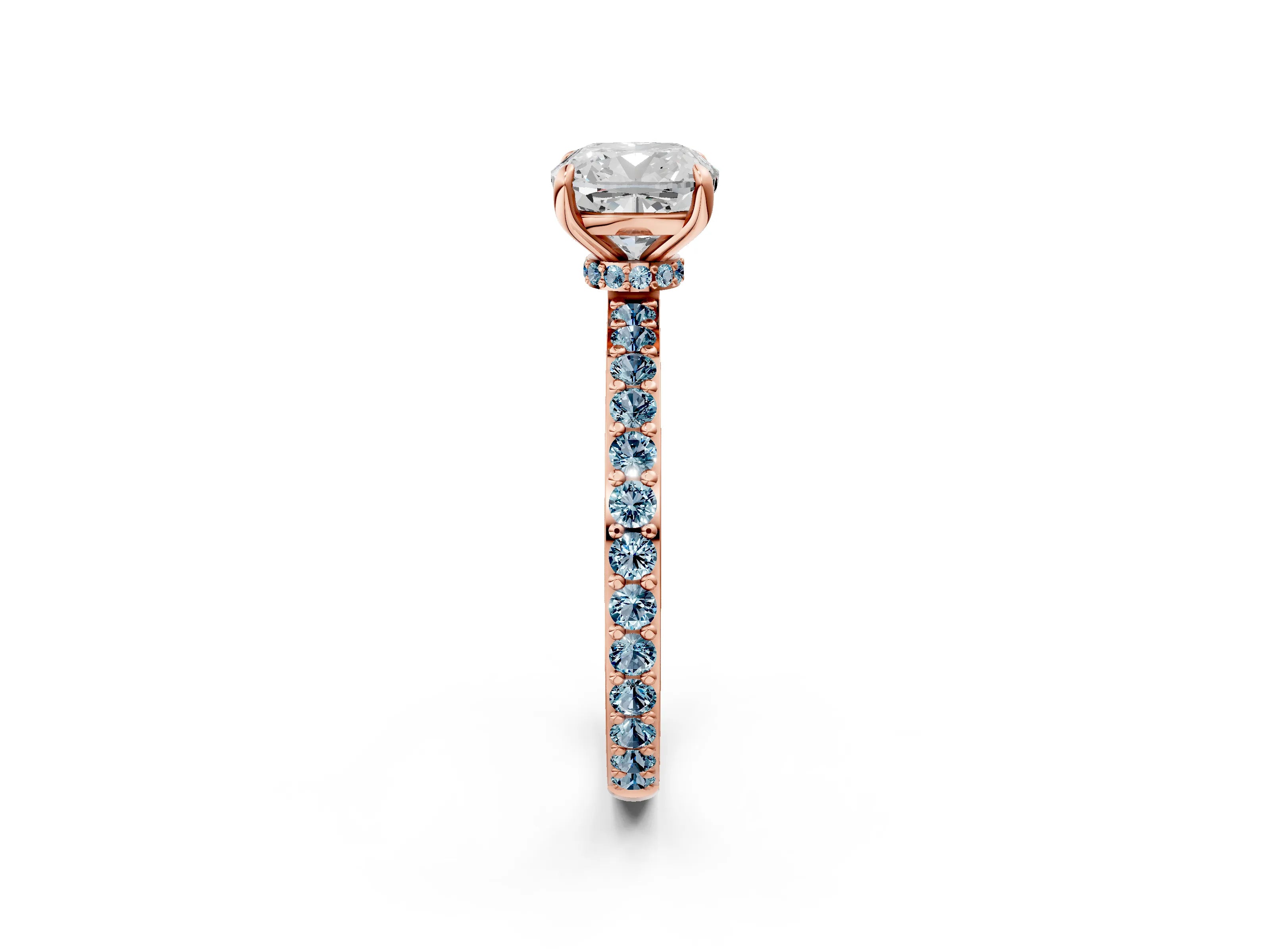 Rose gold Cushion Cut Diamond Pavé Engagement Ring with Round with Aquamarine side stone Accents and Prong Setting_2
