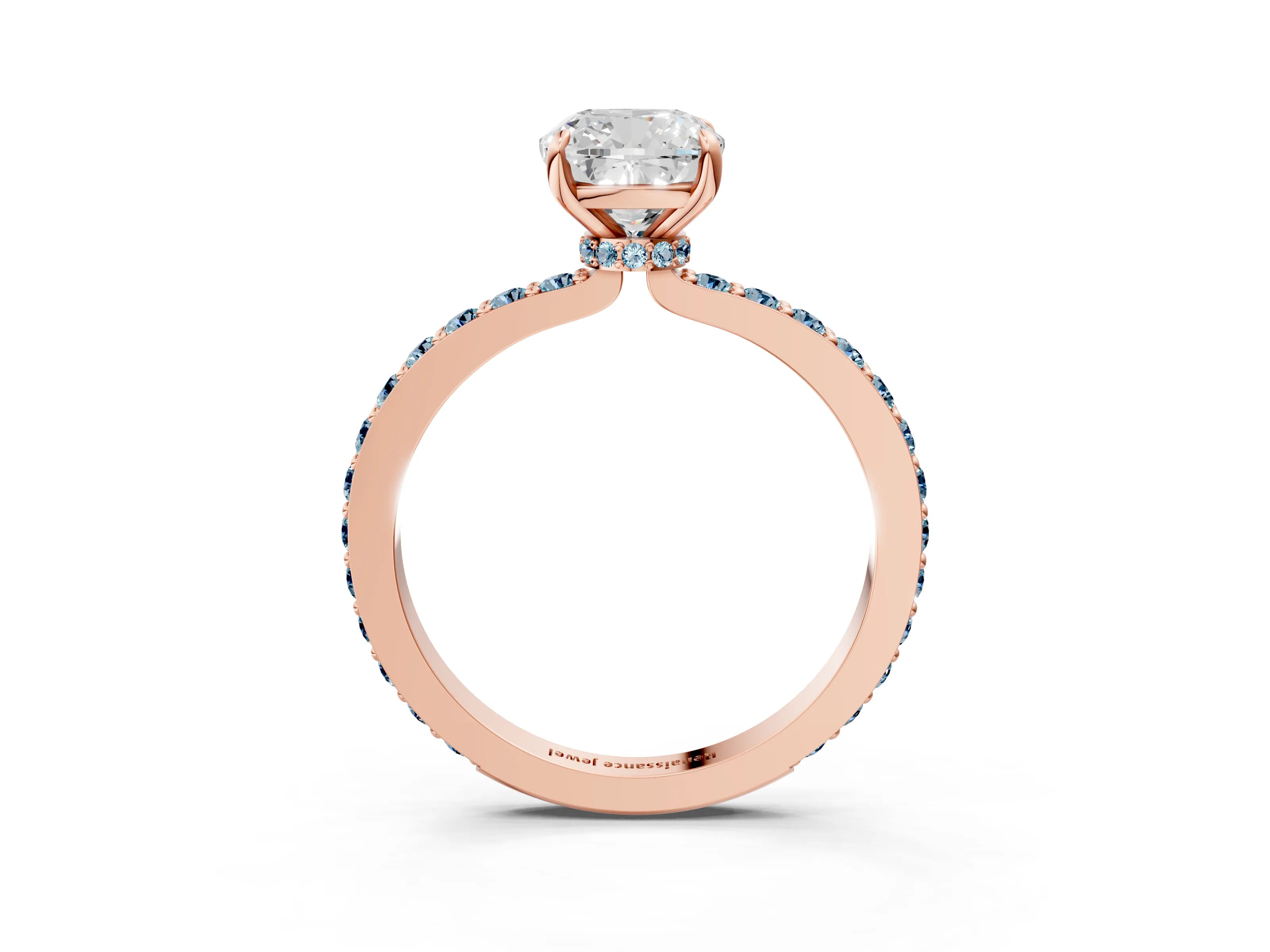 Rose gold Cushion Cut Diamond Pavé Engagement Ring with Round with Aquamarine side stone Accents and Prong Setting_3