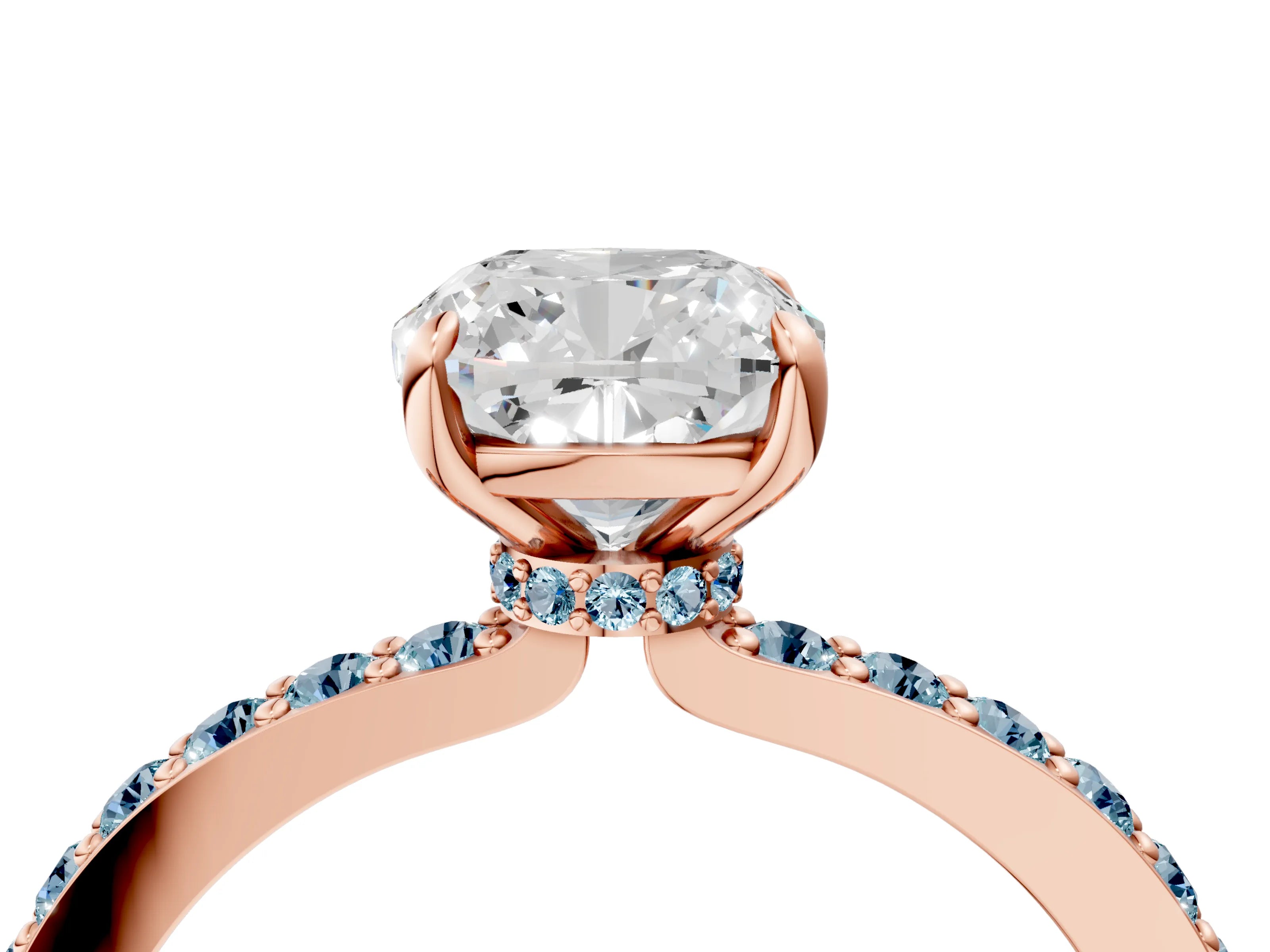 Rose gold Cushion Cut Diamond Pavé Engagement Ring with Round with Aquamarine side stone Accents and Prong Setting_4