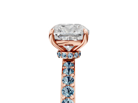 Rose gold Cushion Cut Diamond Pavé Engagement Ring with Round with Aquamarine side stone Accents and Prong Setting_5
