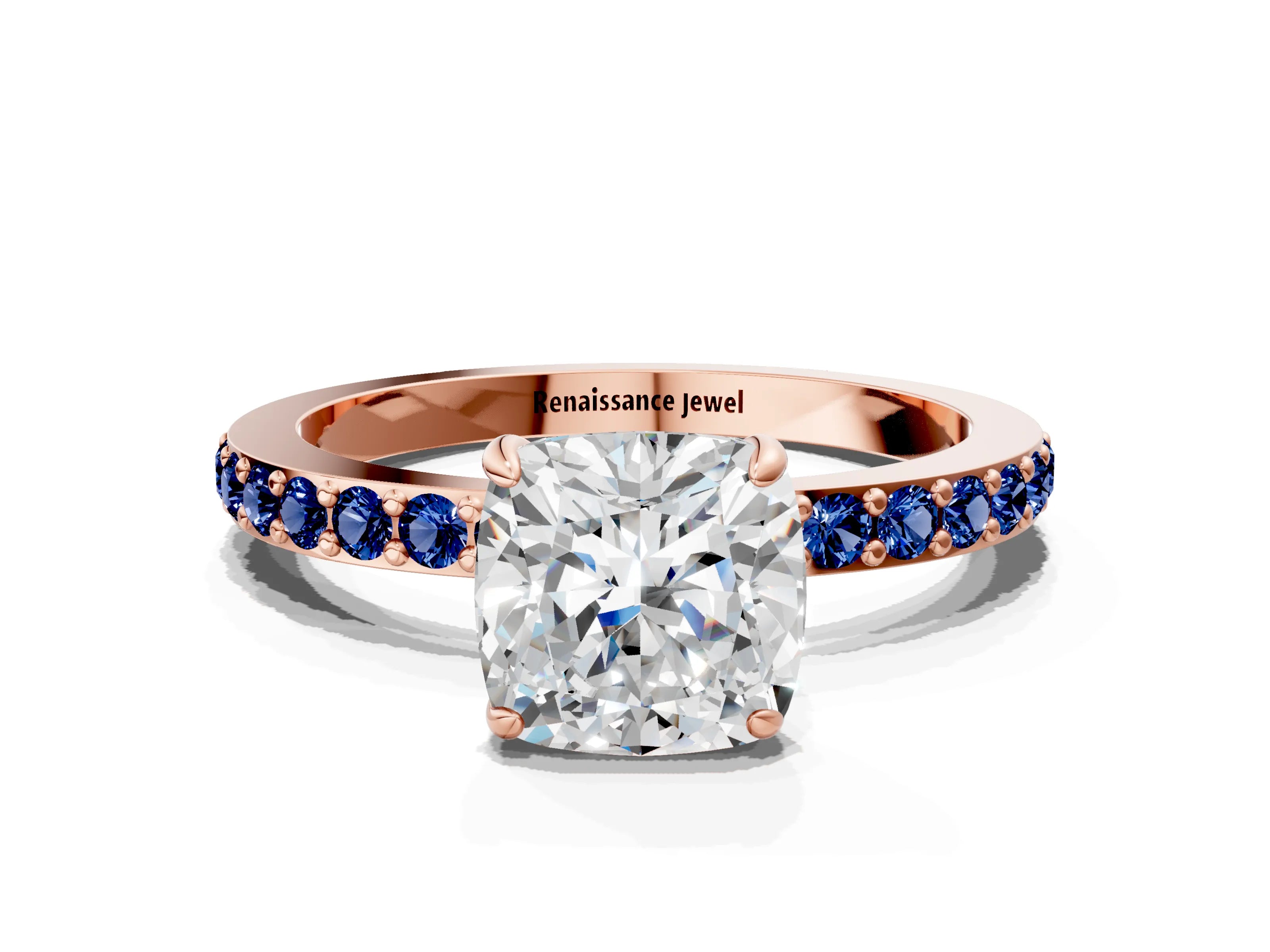 Rose gold Cushion Cut Diamond Pavé Engagement Ring with Round with Blue Sapphire side stone Accents and Prong Setting