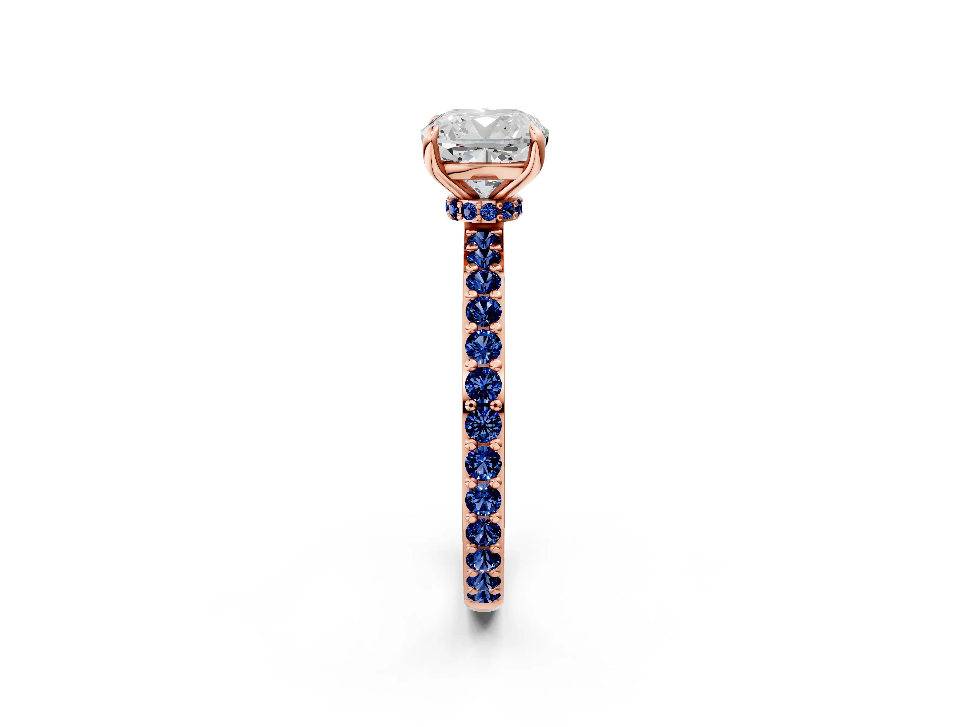 Rose gold Cushion Cut Diamond Pavé Engagement Ring with Round with Blue Sapphire side stone Accents and Prong Setting_2