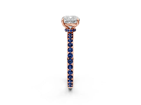Rose gold Cushion Cut Diamond Pavé Engagement Ring with Round with Blue Sapphire side stone Accents and Prong Setting_2
