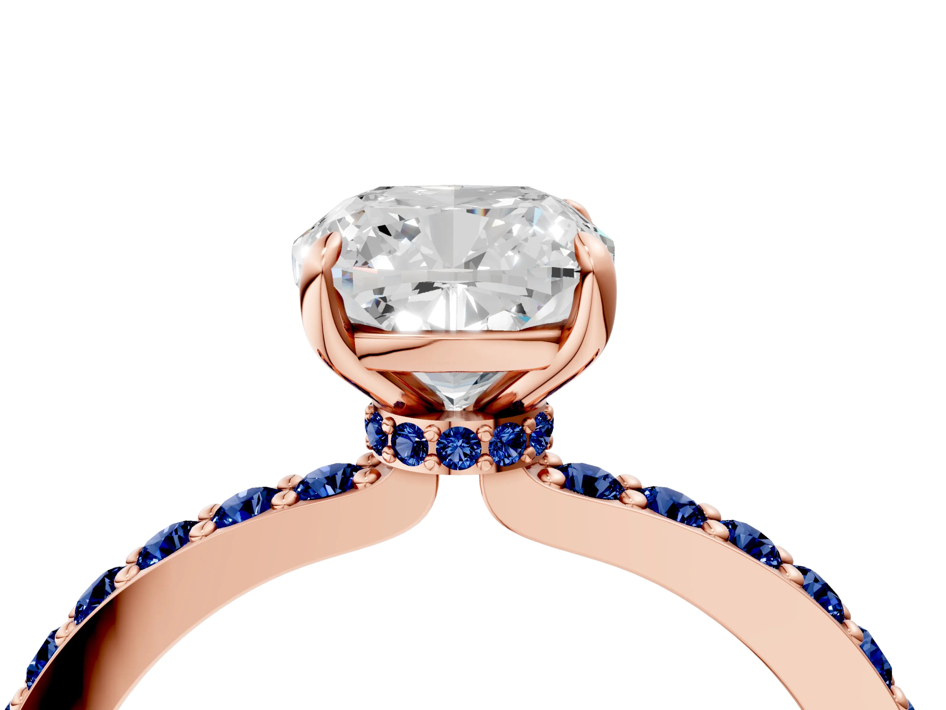 Rose gold Cushion Cut Diamond Pavé Engagement Ring with Round with Blue Sapphire side stone Accents and Prong Setting_4