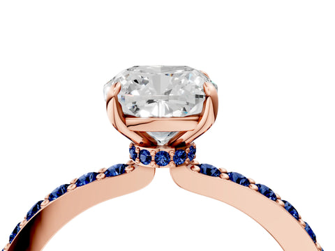 Rose gold Cushion Cut Diamond Pavé Engagement Ring with Round with Blue Sapphire side stone Accents and Prong Setting_4