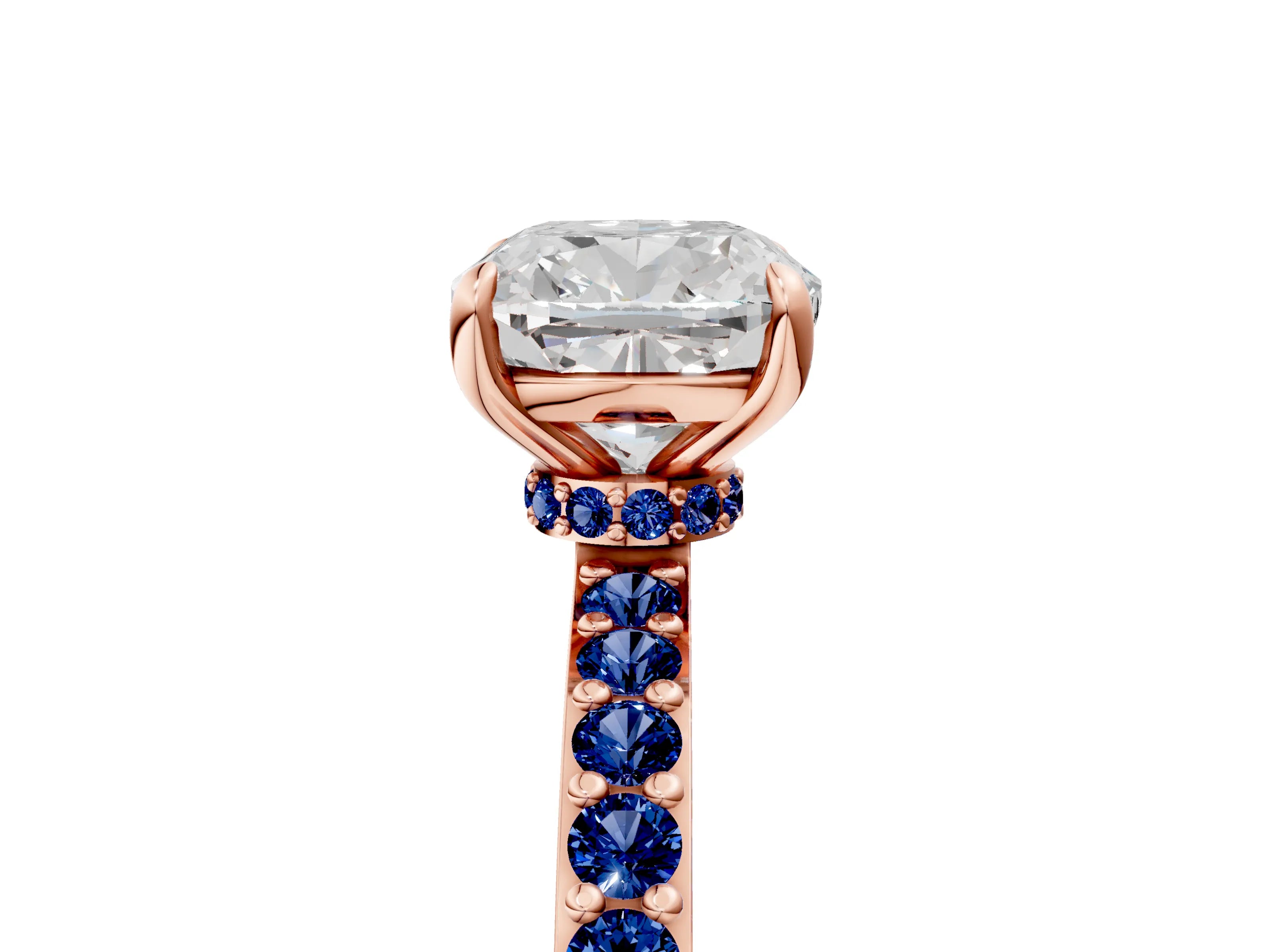 Rose gold Cushion Cut Diamond Pavé Engagement Ring with Round with Blue Sapphire side stone Accents and Prong Setting_5
