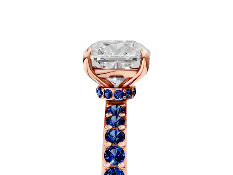 Rose gold Cushion Cut Diamond Pavé Engagement Ring with Round with Blue Sapphire side stone Accents and Prong Setting_5