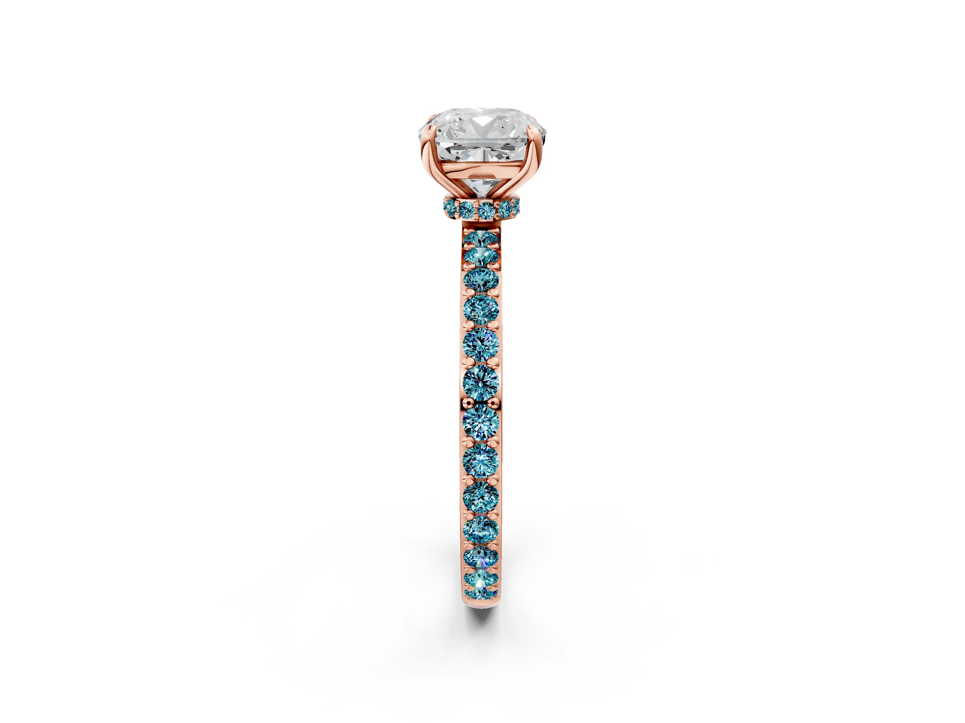 Rose gold Cushion Cut Diamond Pavé Engagement Ring with Round with Blue Topaz side stone Accents and Prong Setting_2