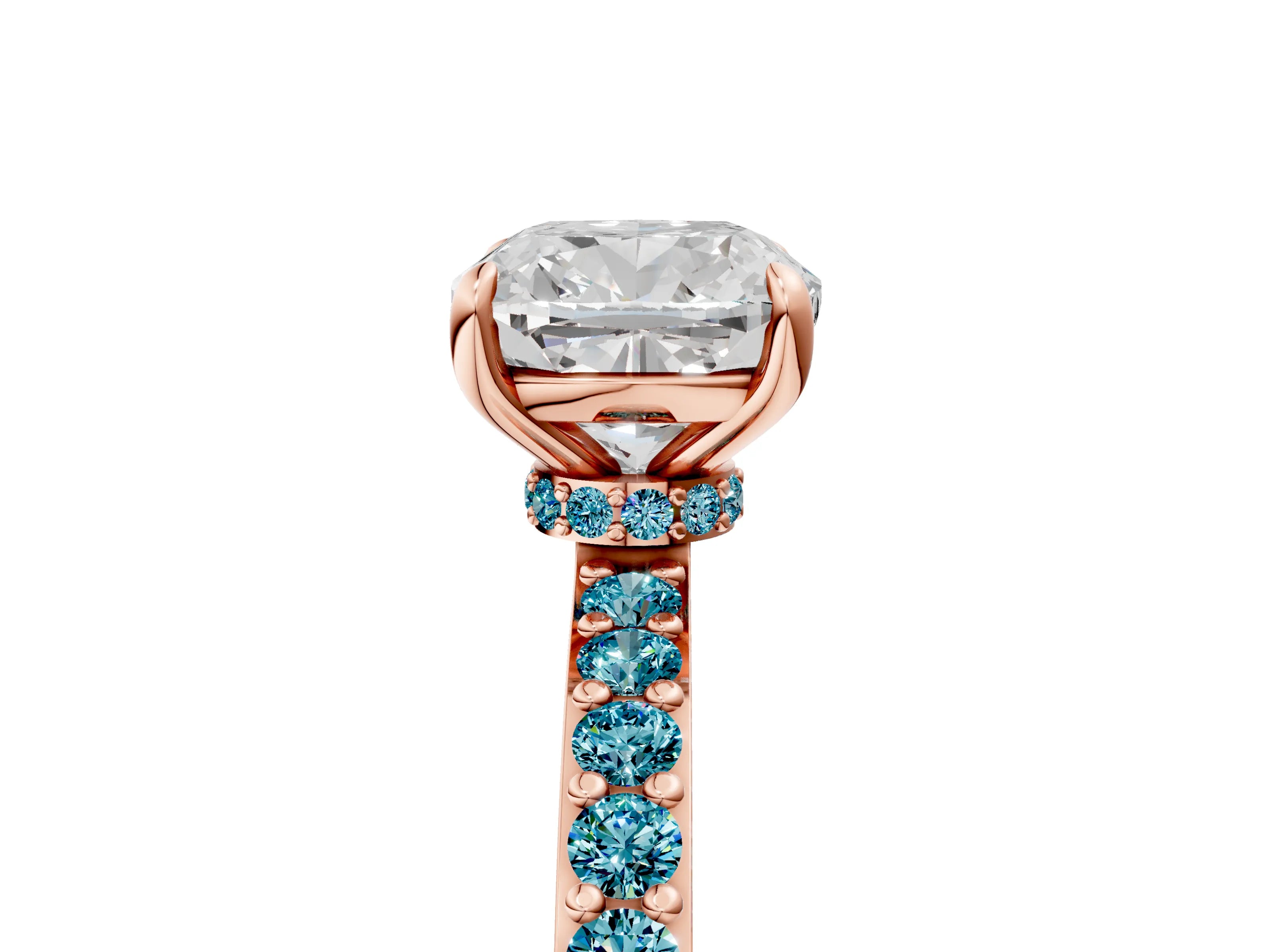 Rose gold Cushion Cut Diamond Pavé Engagement Ring with Round with Blue Topaz side stone Accents and Prong Setting_5