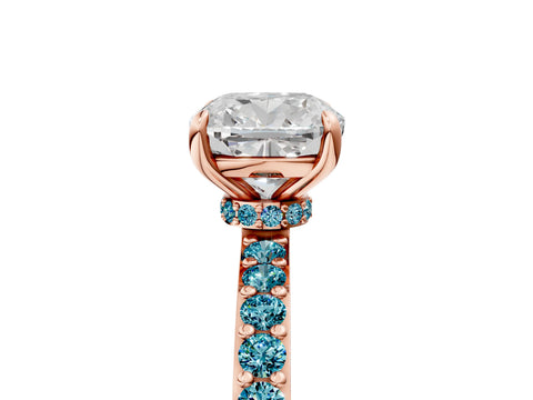 Rose gold Cushion Cut Diamond Pavé Engagement Ring with Round with Blue Topaz side stone Accents and Prong Setting_5
